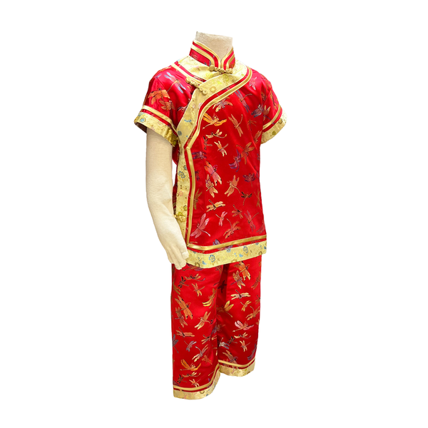 Traditional kids outfit in red with gold trim and multicolor dragonflies on white mannequin