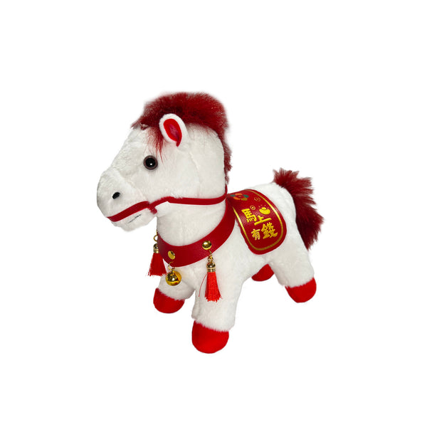 White plush horse toy with red accents and a decorative patch on a white background
