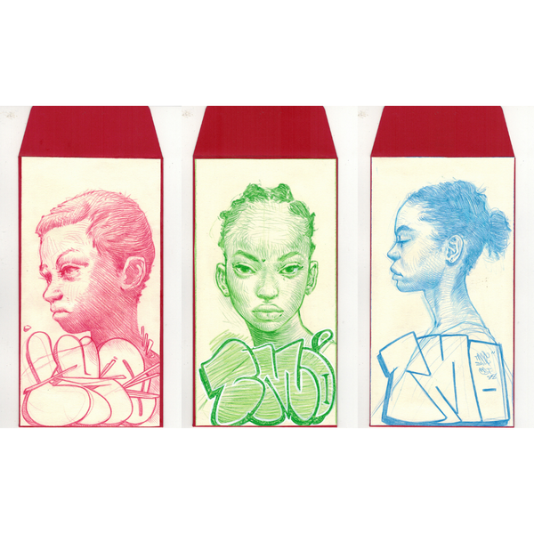 Three red envelopes with colorful illustrations of women's heads on a white background