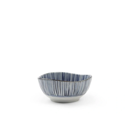 Small ceramic bowl with blue and white striped pattern on a white background