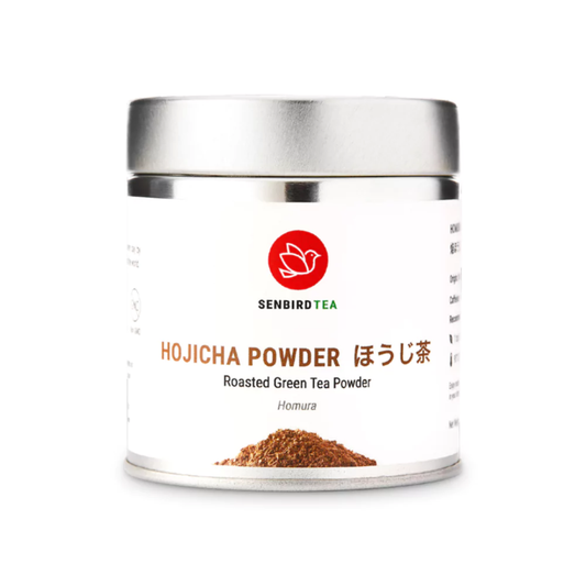 Canister of Senbido Tea Hojicha Powder on a white background