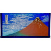 A rectangular wallet featuring a Japanese-style print of Mount Fuji, with a blue sky, white clouds, and a reddish-brown mountain, bordered by dark blue stitching.