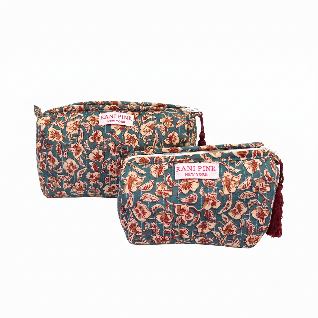 Rani Pink Teal Garden Floral Utility Pouch 2-Piece Set