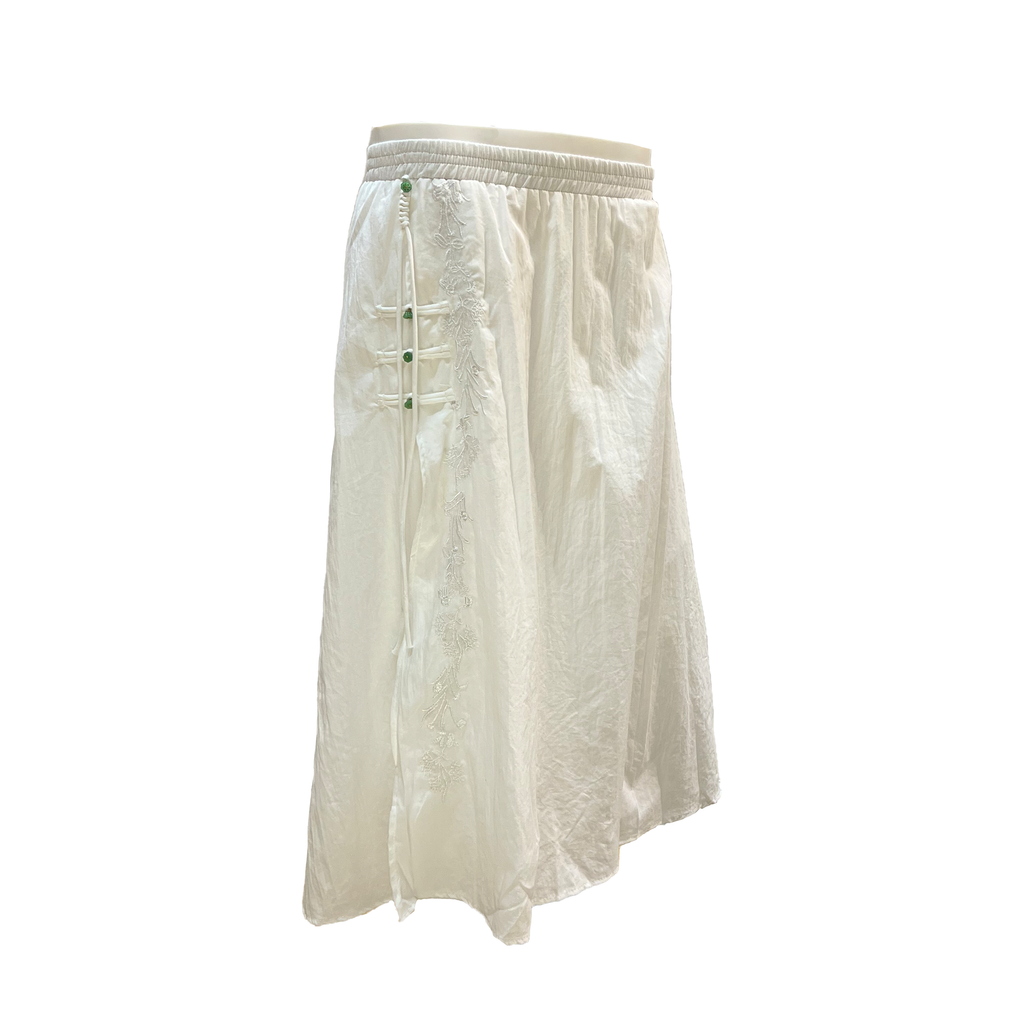Flowy Maxi Skirt with Slit and Pankou Buttons - White