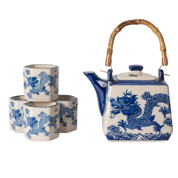 Blue and White Ryu Dragon Hexagon Tea Set