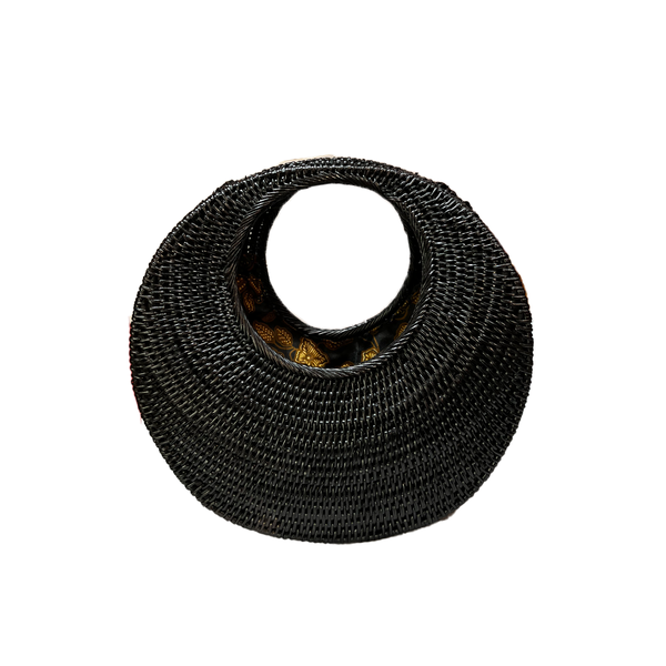 Black woven bag on a white background