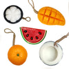 Five fruit-shaped soaps: mangosteen, mango, watermelon, orange, coconut