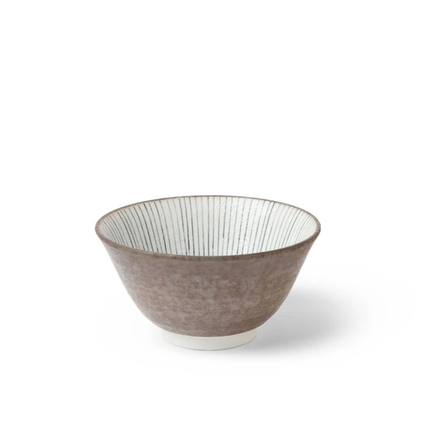 Brown ceramic bowl with white interior on a white background