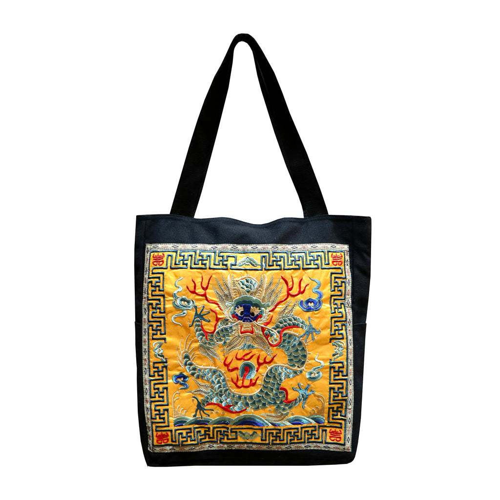 Embroidered Blue Dragon Canvas Tote Bag - Yellow