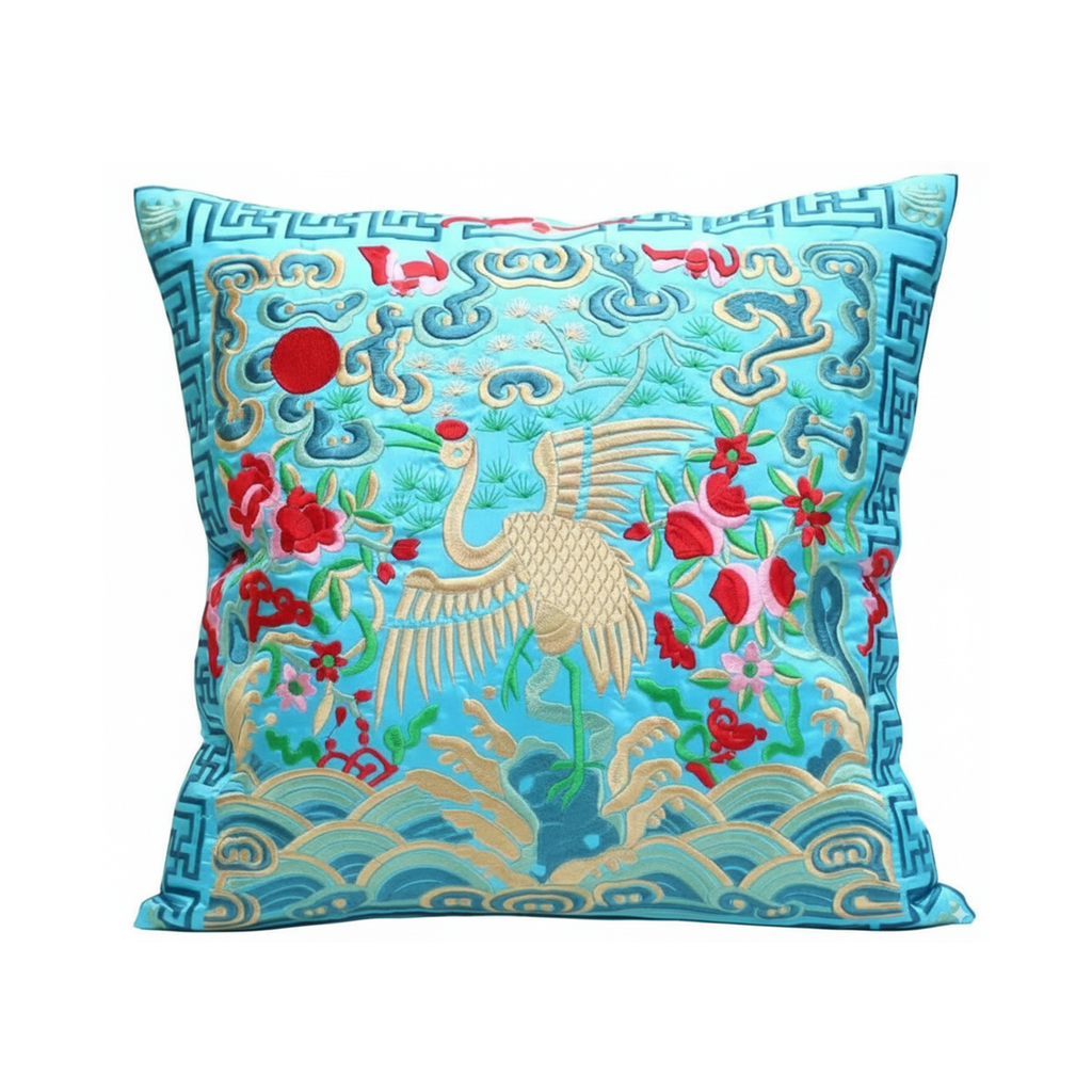 Deluxe Embroidered Cushion Cover with Crane Design (Various Colors)