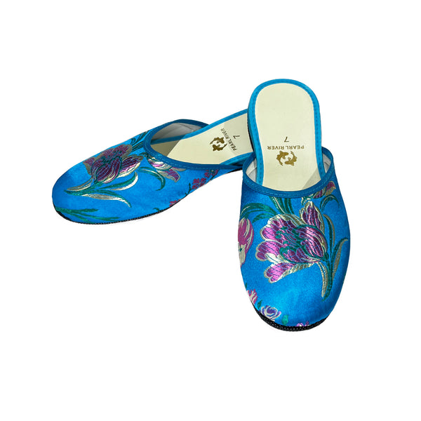 Brocade Slippers with Tulip Design - Turquoise