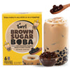 Brown Sugar Boba packaging with a glass of bubble tea and boba pearls on a white background