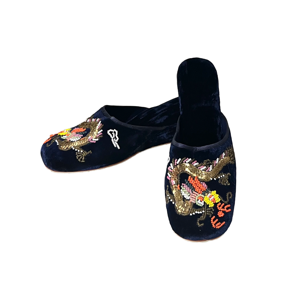 Navy Beaded Velvet Wedge Slippers