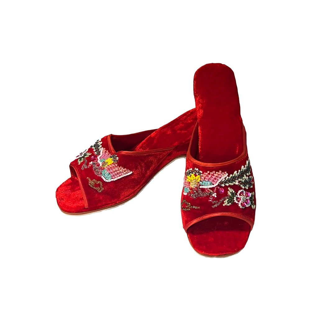 Red Beaded Velvet Open Toe High Heel Slippers