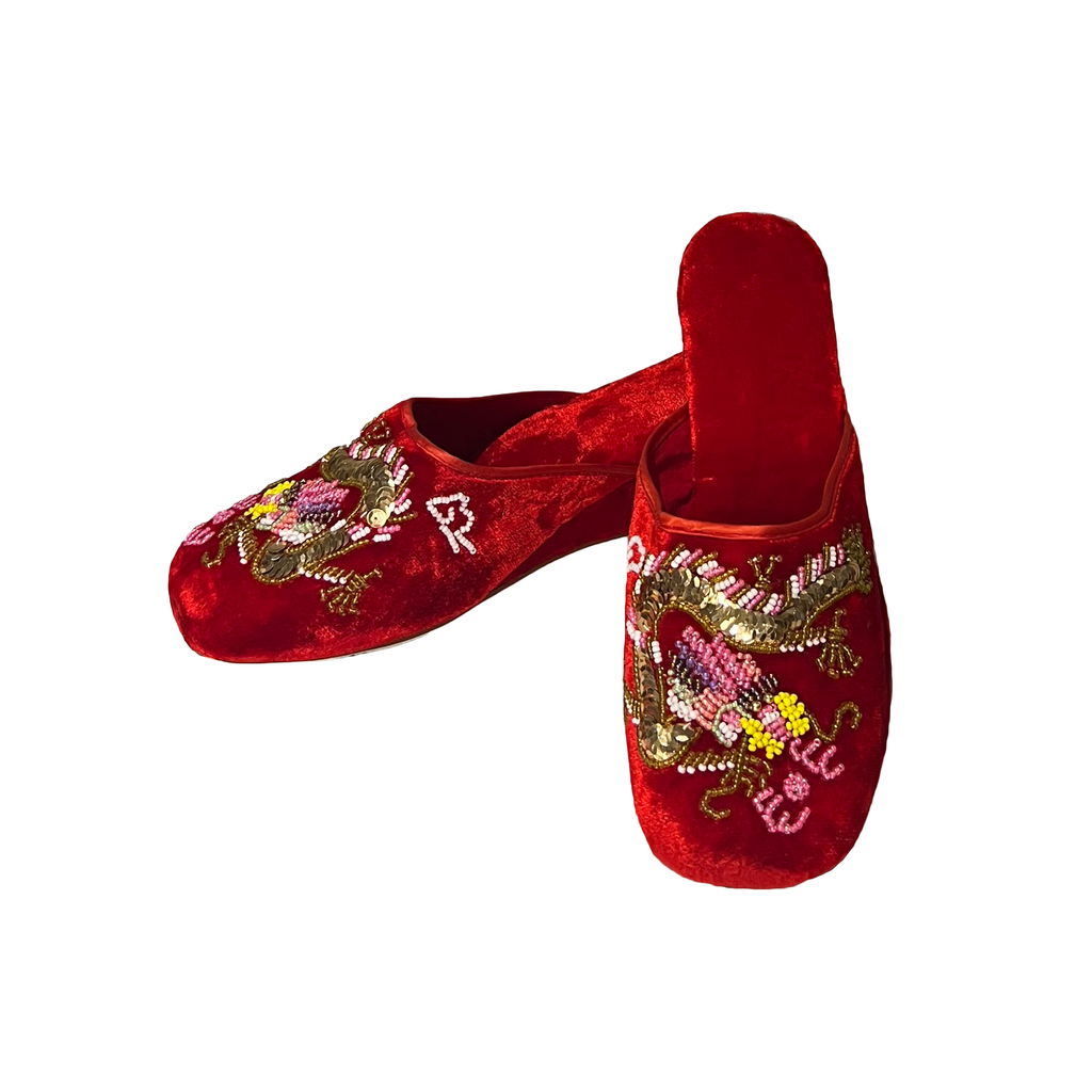 Red Beaded Velvet Wedge Slippers