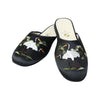 Pretty black satin slippers with elegant crane embroidery