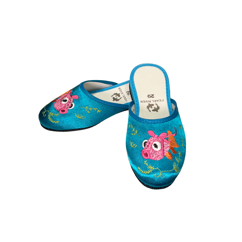 Girl's Goldfish Embroidered Slippers - Turquoise