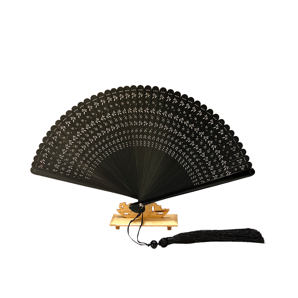 Silky Black Fan with Lace Design and Sleeve
