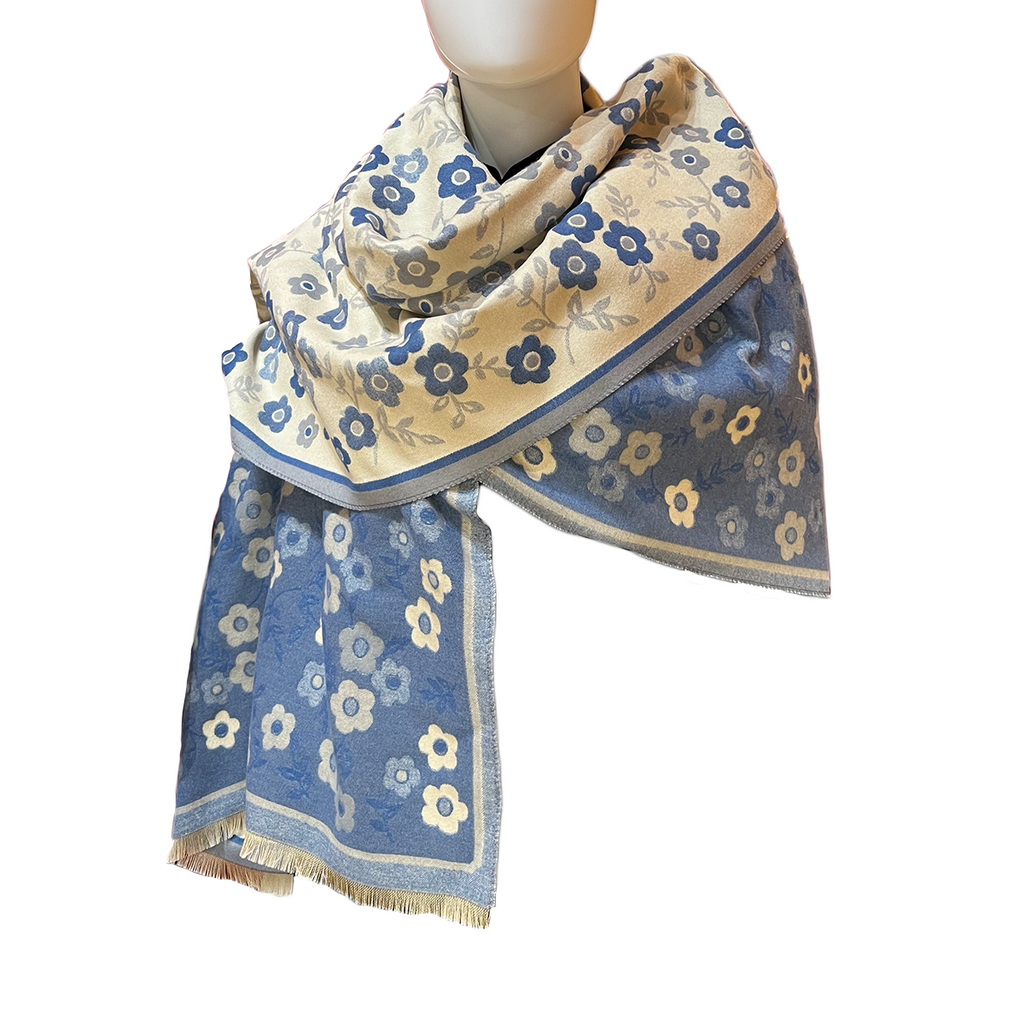 Woven Shawl with Flowers - Periwinkle