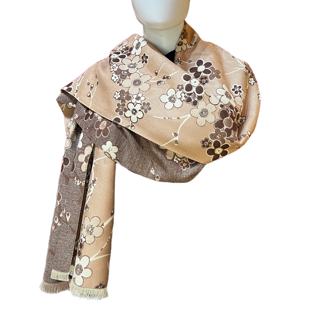 Woven Shawl with Flowers - Coffee