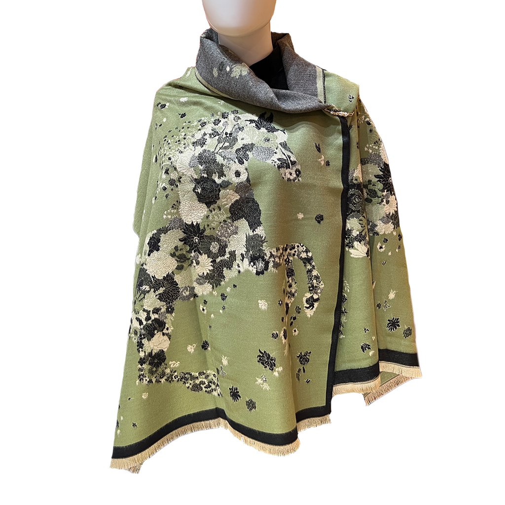 Woven Shawl with Flower Horse - Sage