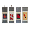 Four wall scrolls: harmony, plum blossoms, fortune character, and double fish