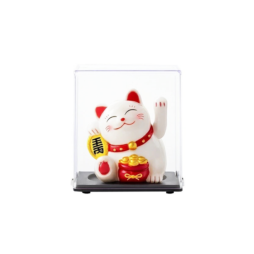 2.5 Inch Solar Power Lucky Cat - White with Lucky Coin and Red Bag
