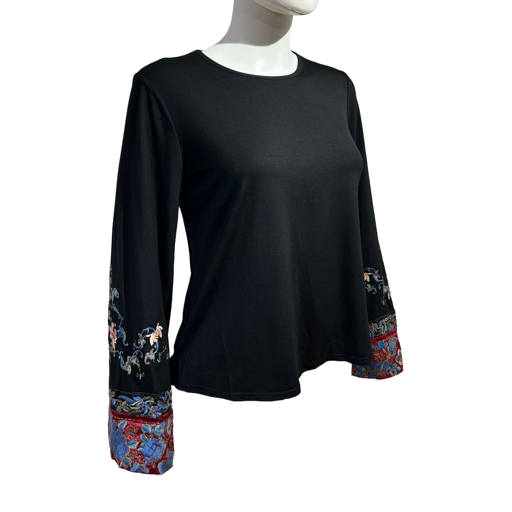 Kimono Sleeve Top with Embroidered Cuffs - Onyx
