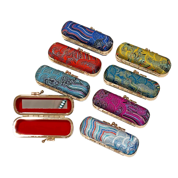 Several different colors of Brocade Lipstick Case with Mirror and Gold Trim