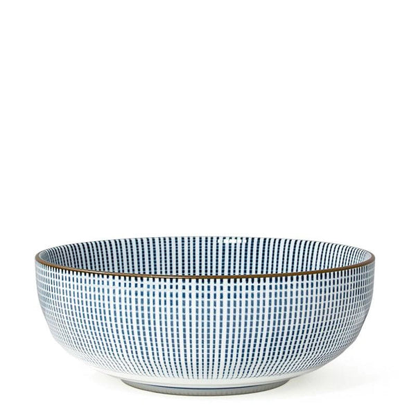 A ceramic bowl with a blue and white checkered grid pattern and a thin dark rim, photographed against a solid white background.