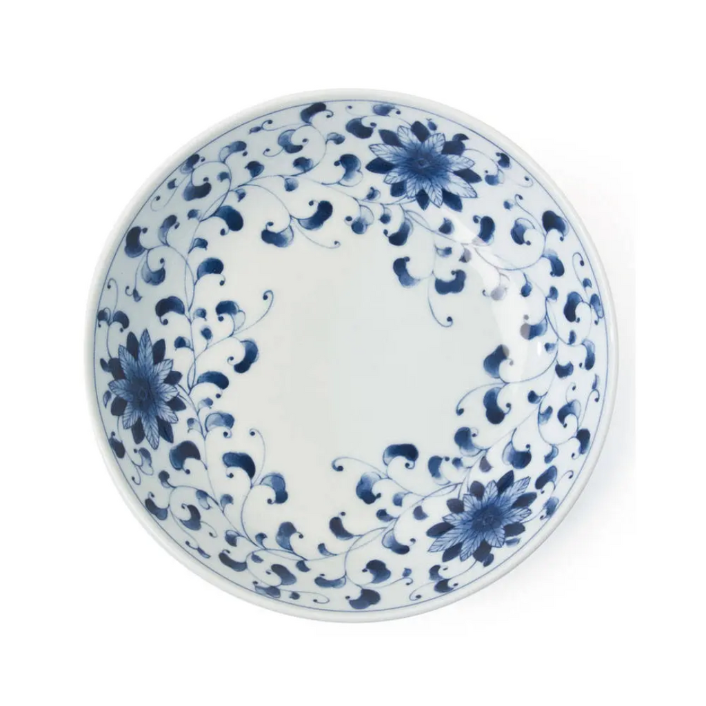 Blue on White Arabesque Mum Design Ceramic Serving Bowls - 8.25 inches