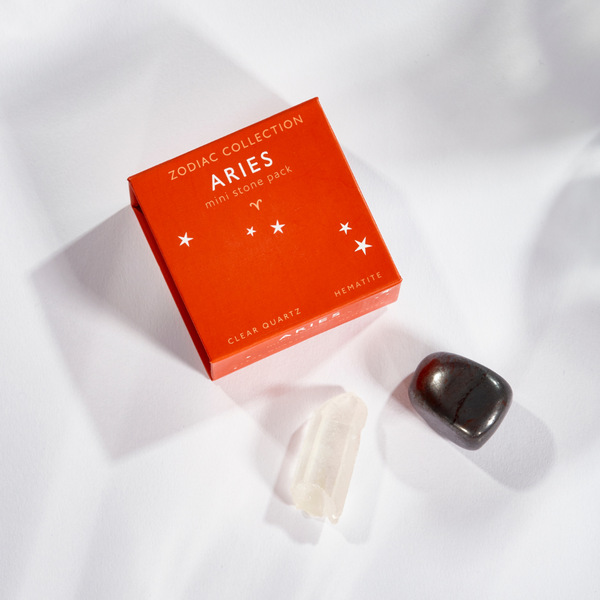 Red box labeled 'Aries' with two stones on a white background