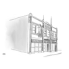 Line drawing of a two-story building with 'Asia Cafe' on the ground floor.