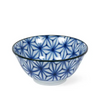 Ceramic bowl with blue geometric pattern on a white background