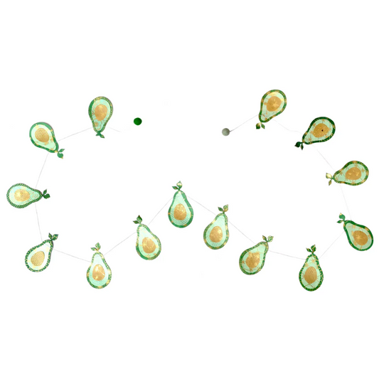 Avocado-themed decorative garland with green and yellow avocados on a white background
