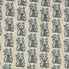 Repeating black-and-white maneki-neko cats with raised paws and coins form a cheerful, vintage-style pattern on a cream background.