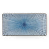 A rectangular ceramic plate with a blue and white radial dotted pattern, featuring a dark brown rim, shown against a plain white background.