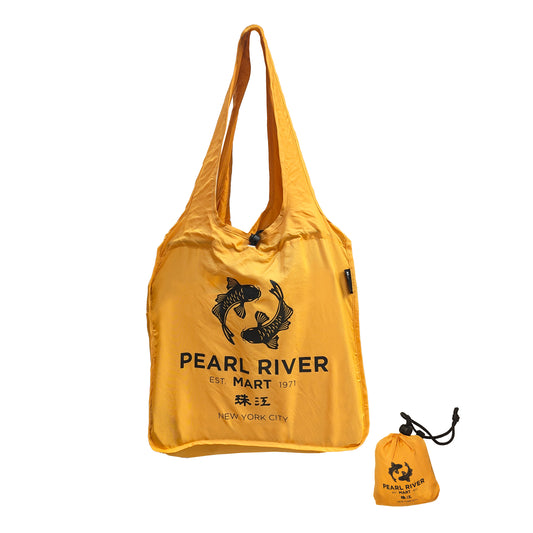 A yellow Pearl River Mart 'Eco' Bag with a printed logo, alongside its matching small pouch.
