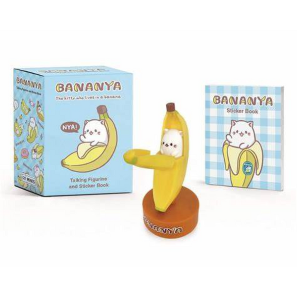 Bananya figurine with bananya container to its left and 16 page bananya sticker book to its left