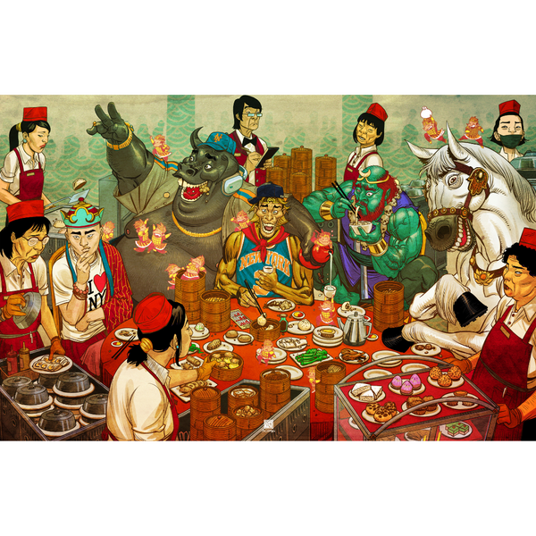 Illustration of a lively restaurant scene with people and animals around a table filled with food.