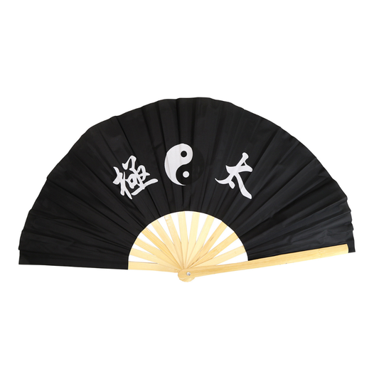 Black fan with white characters and a yin-yang symbol on a white background