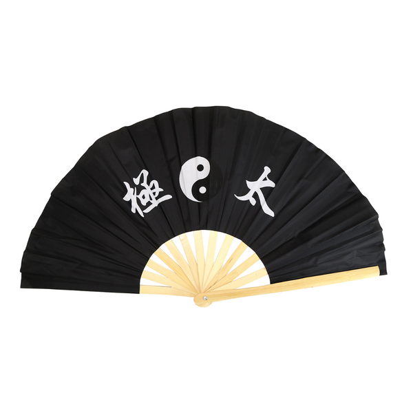 Black fan with white characters and a yin-yang symbol on a white background