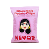 Pink package of Black Salt Potato Chips with a face design on a white background