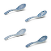 Four blue and white patterned spoons on a white background