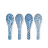 Four blue patterned spoons on a white background