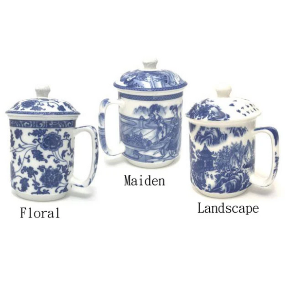 Three blue and white mugs with lids with various ornate designs of florals and landscapes