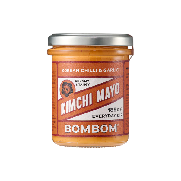 Jar of Bombom Kimchi Mayo on a white background