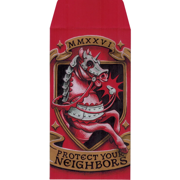 Red envelope with horse design and "Protect Your Neighbors"