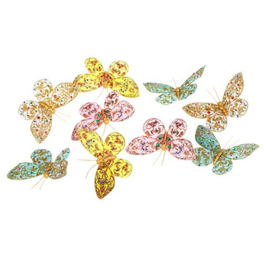 Colorful butterfly-shaped decorative items on a white background