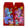 Two red envelopes with colorful illustrations of centaur characters on a white background.